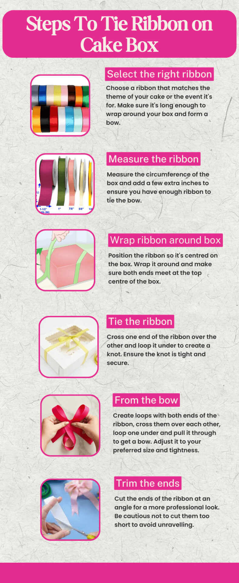 Steps to tie ribbon on cake box